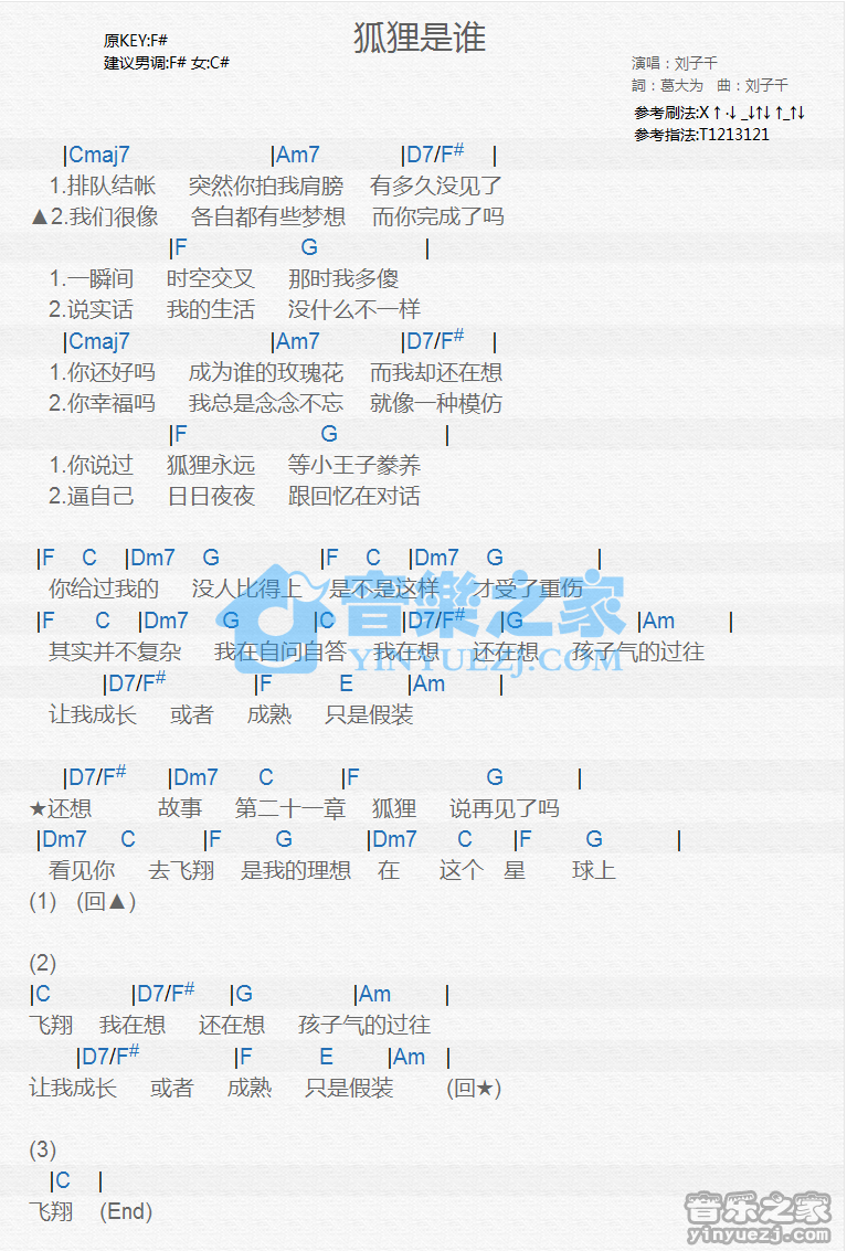 刘子千《狐狸是谁》尤克里里谱