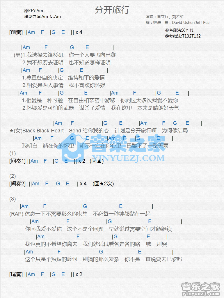 黄立行/刘若英《分开旅行》尤克里里谱