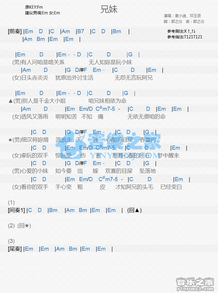 袁小迪/邓玉贤《兄妹》尤克里里谱