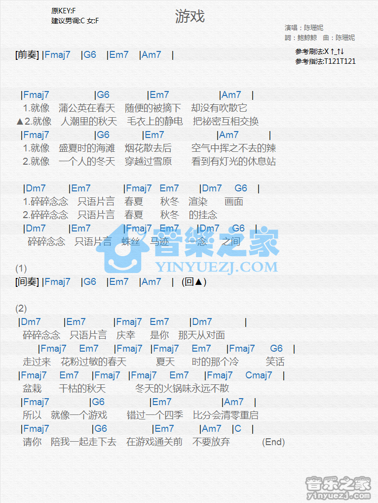 陈珊妮《游戏》尤克里里谱