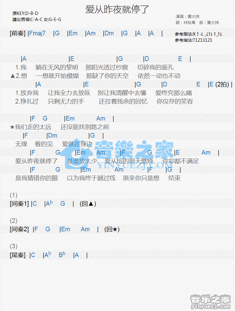 黄大炜《爱从昨夜就停了》尤克里里谱