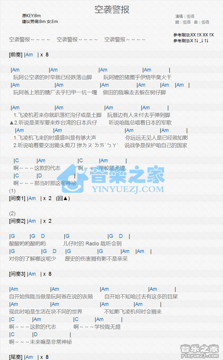 伍佰《空袭警报》尤克里里谱