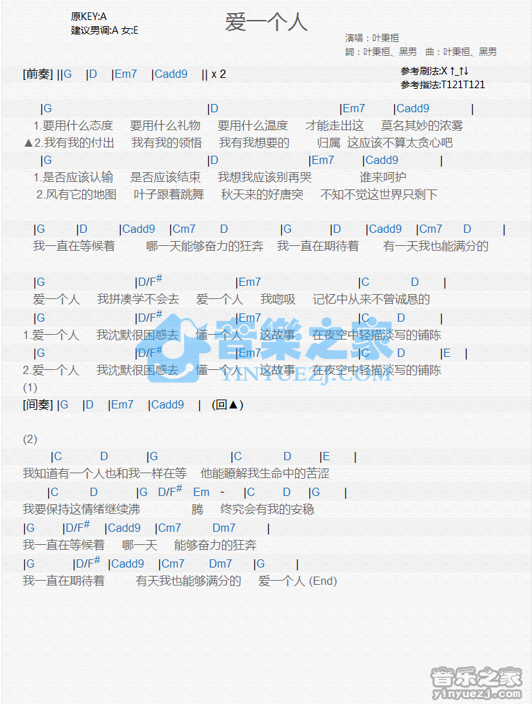 叶秉桓《爱一个人》尤克里里谱