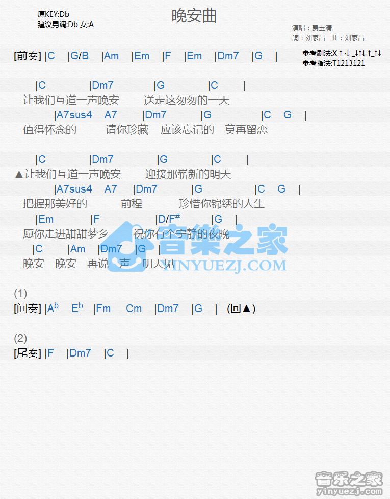 费玉清《晚安曲》尤克里里谱