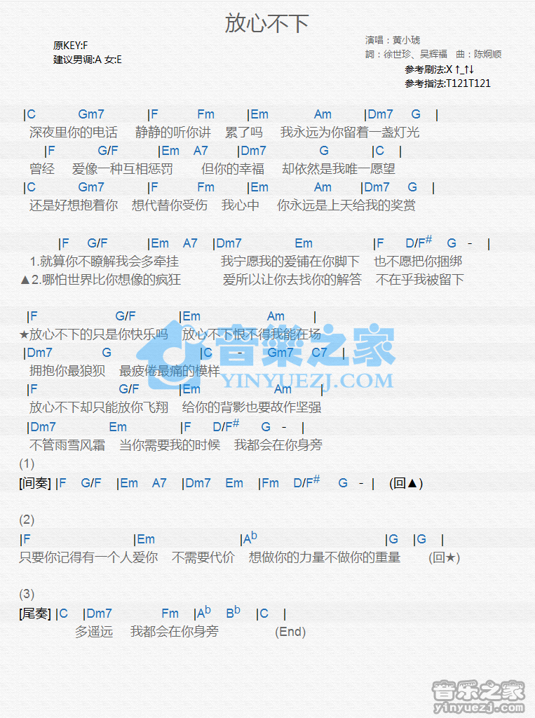 黄小琥《放心不下》尤克里里谱