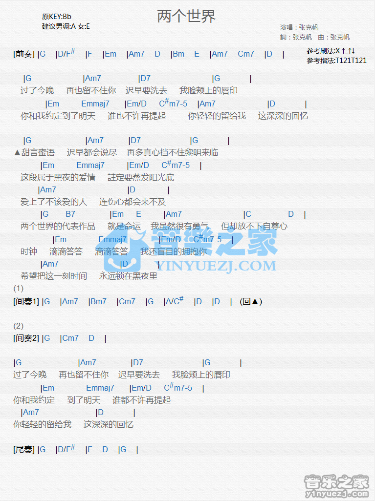 张克帆《两个世界》尤克里里谱