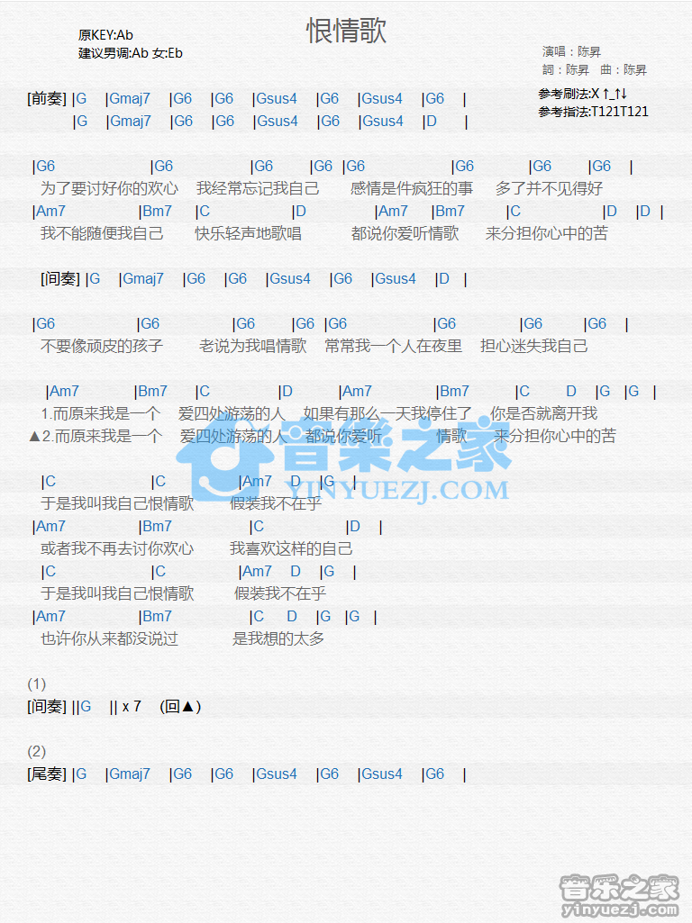 陈升《恨情歌》尤克里里谱