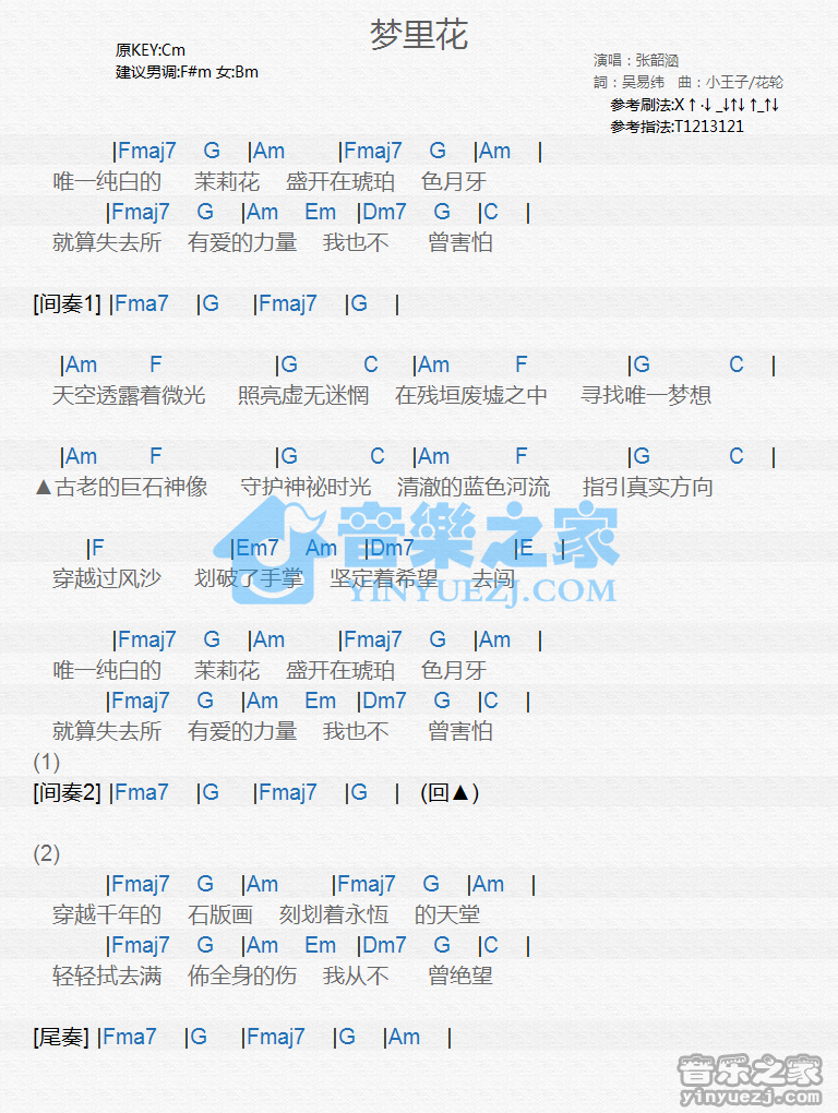 张韶涵《梦里花》尤克里里谱