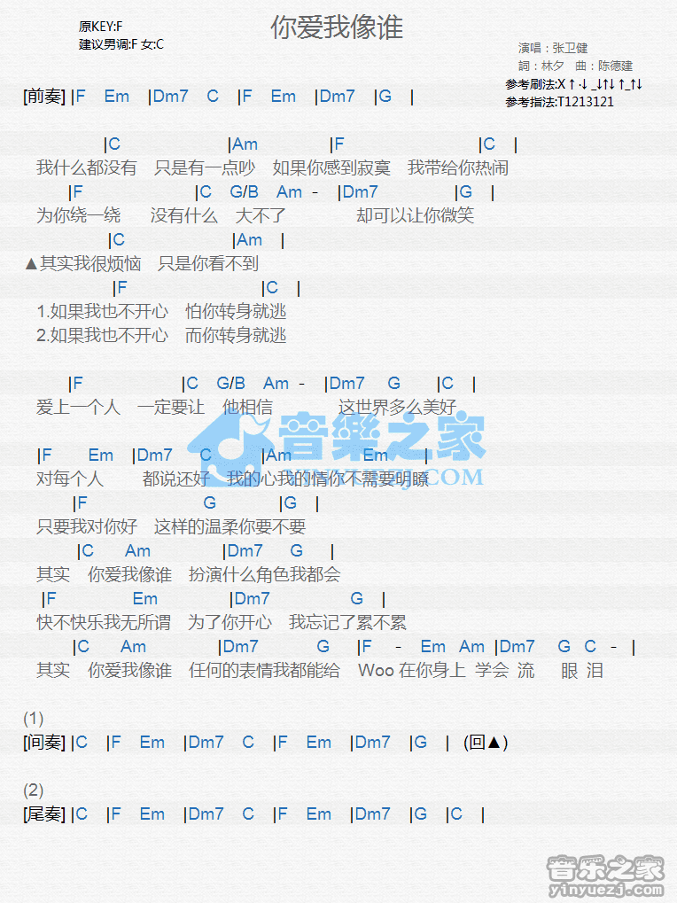 张卫健《你爱我像谁》尤克里里谱