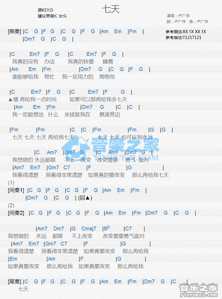 卢广仲《七天》尤克里里谱