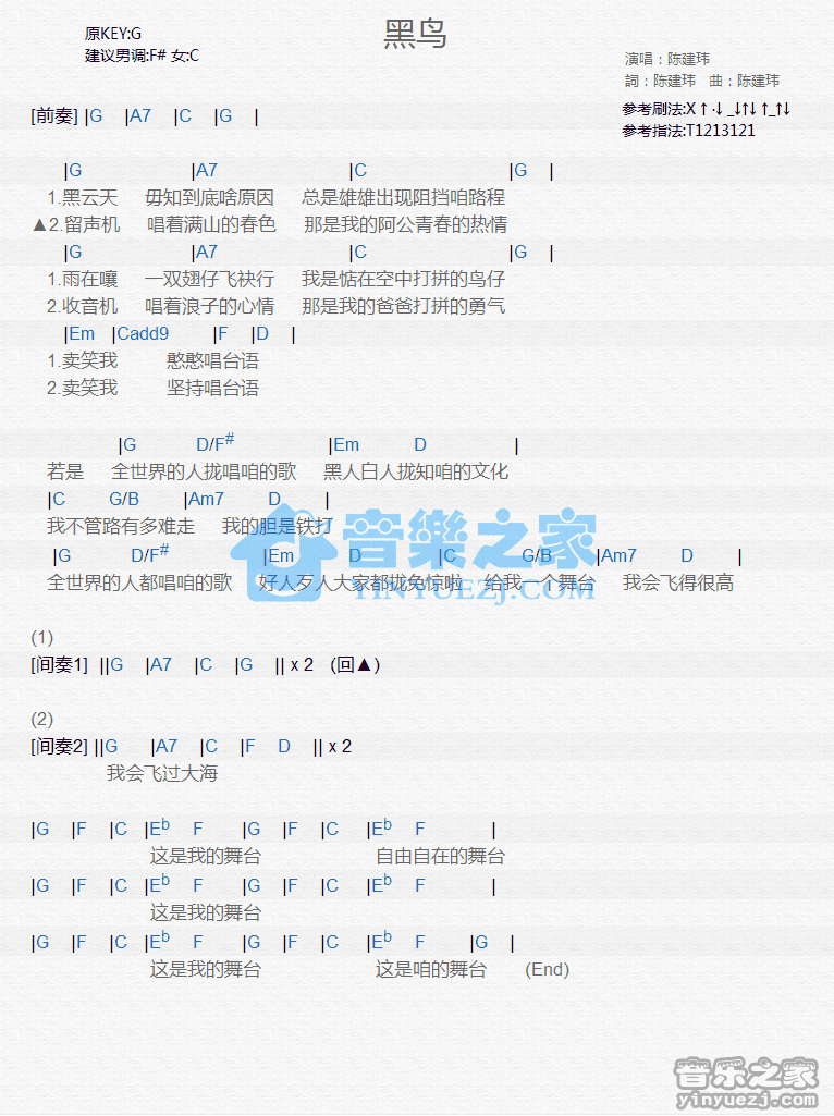 陈建玮《黑鸟》尤克里里谱