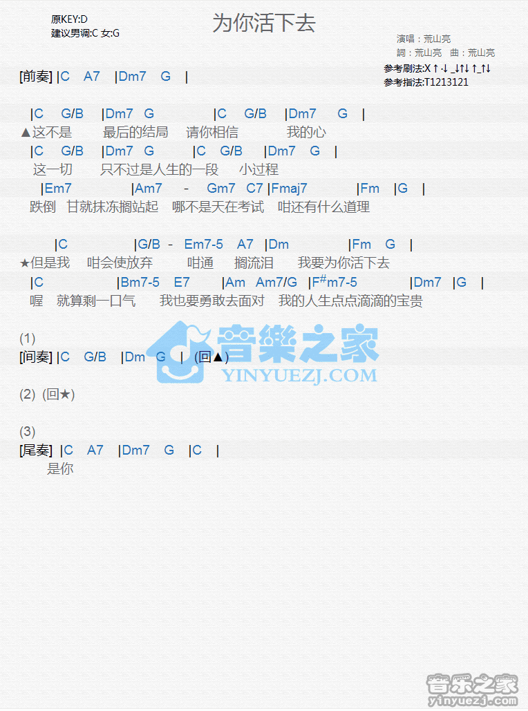 荒山亮《为你活下去》尤克里里谱