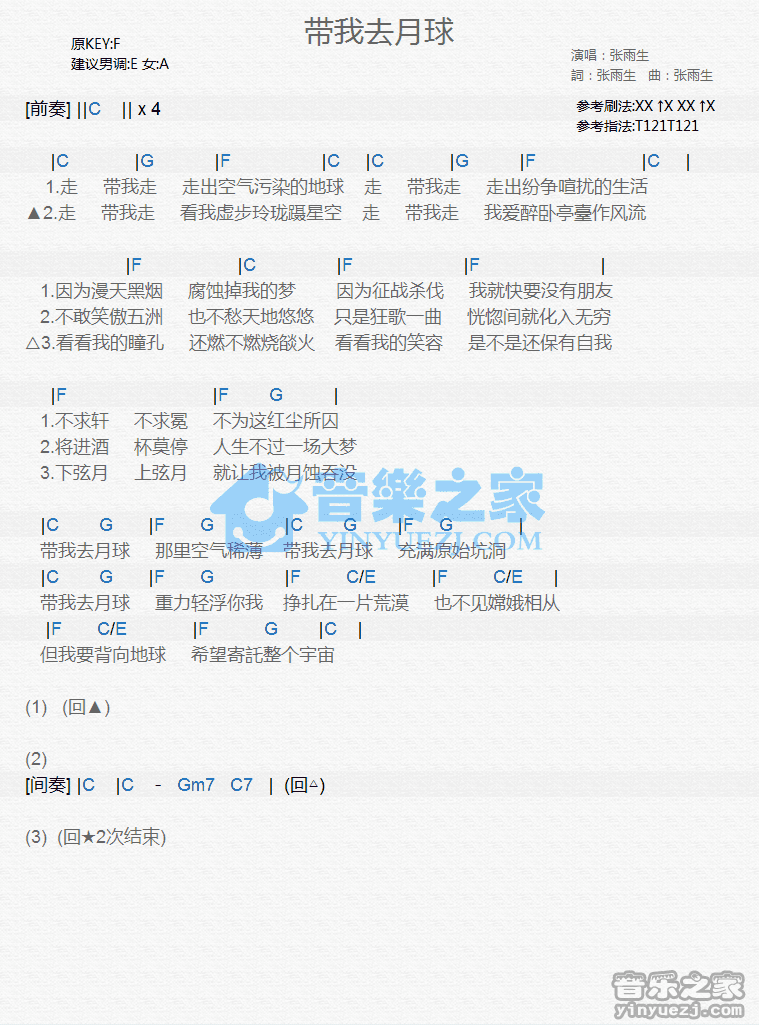 张雨生《带我去月球》尤克里里谱