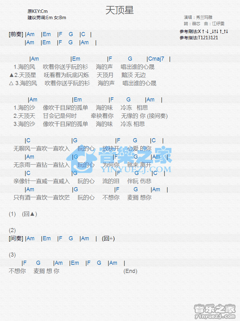 秀兰玛雅《天顶星》尤克里里谱
