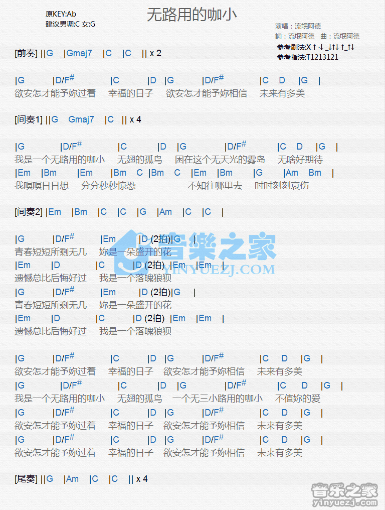 流氓阿德《无路用的咖小》尤克里里谱