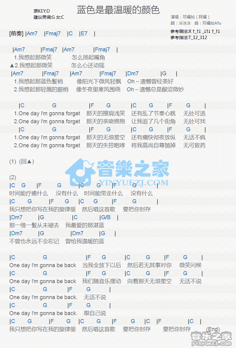 邓福如《蓝色是最温暖的颜色》尤克里里谱
