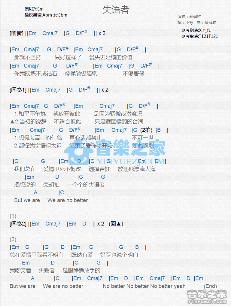 蔡健雅《失语者》尤克里里谱