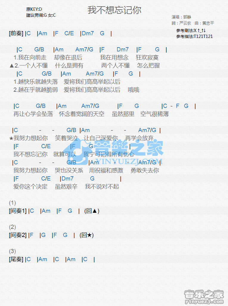 郭静《我不想忘记你》尤克里里谱
