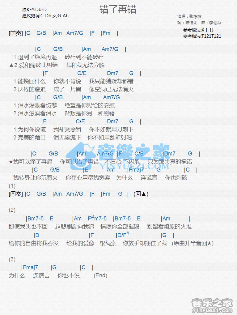 张栋梁《错了再错》尤克里里谱
