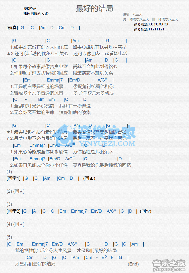 八三夭《最好的结局》尤克里里谱