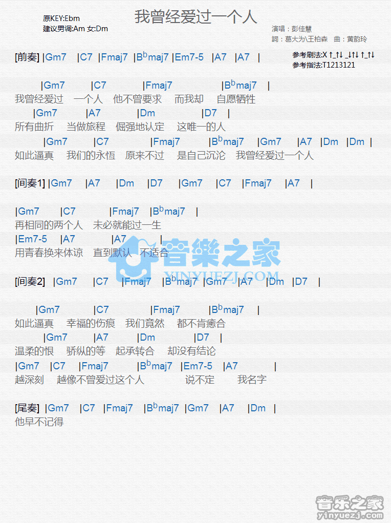 彭佳慧《我曾经爱过一个人》尤克里里谱