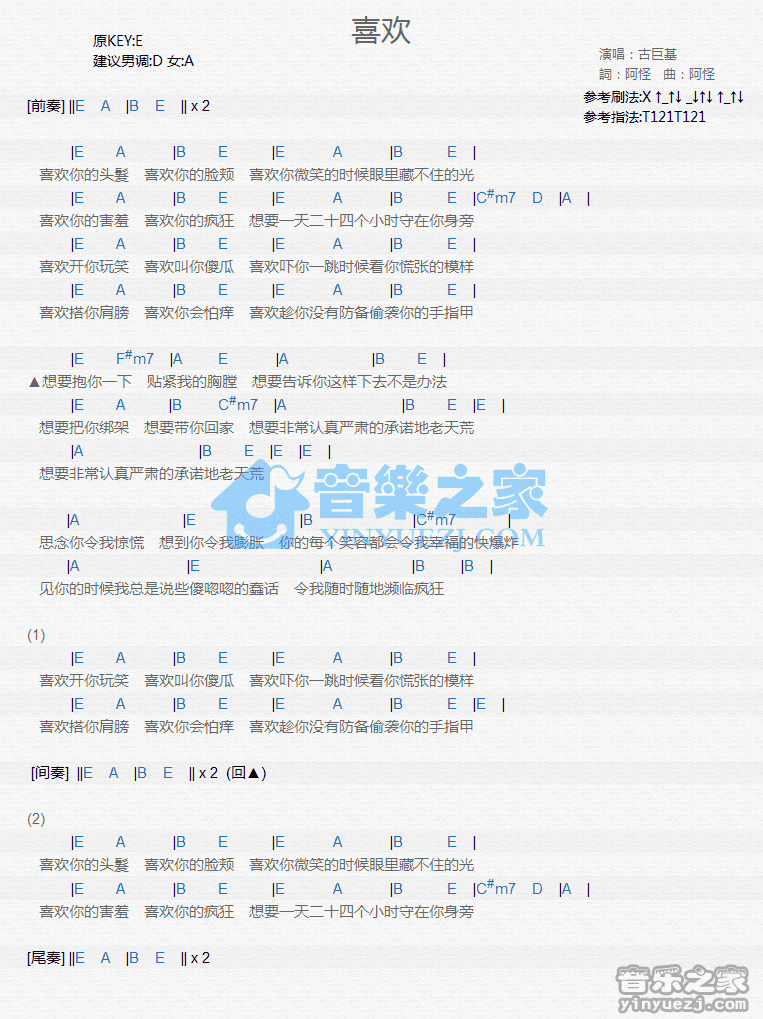 古巨基《喜欢》尤克里里谱