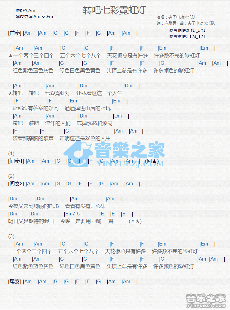 夹子电动大乐队《转吧七彩霓虹灯》尤克里里谱