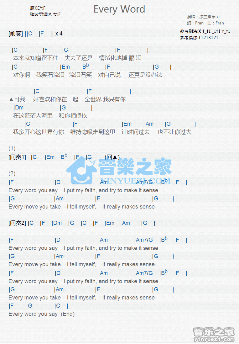 法兰黛乐团《Every Word》尤克里里谱