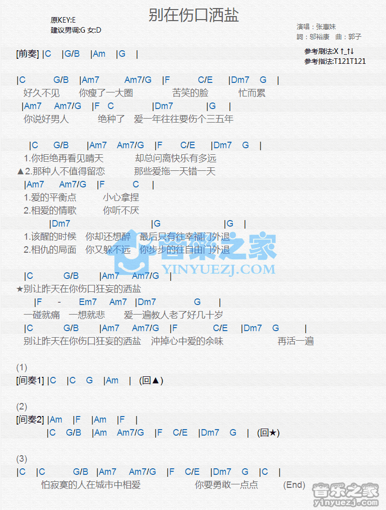 张惠妹《别在伤口撒盐》尤克里里弹唱谱