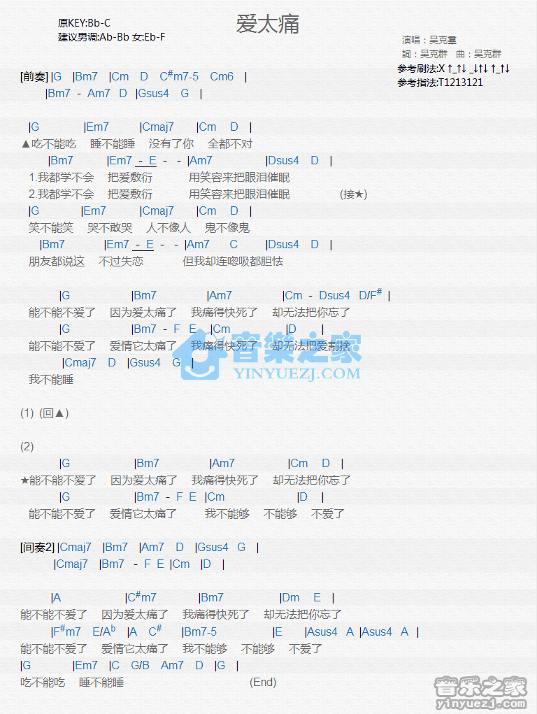 吴克羣《爱太痛》尤克里里弹唱谱