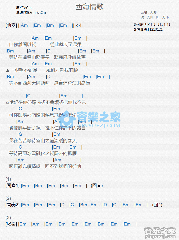 刀郎《西海情歌》尤克里里弹唱谱