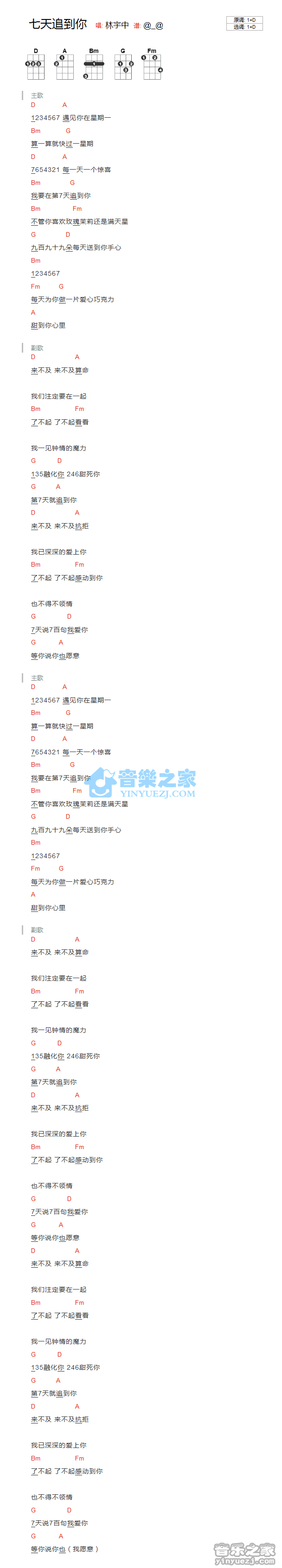林宇中《七天追到你》尤克里里弹唱谱