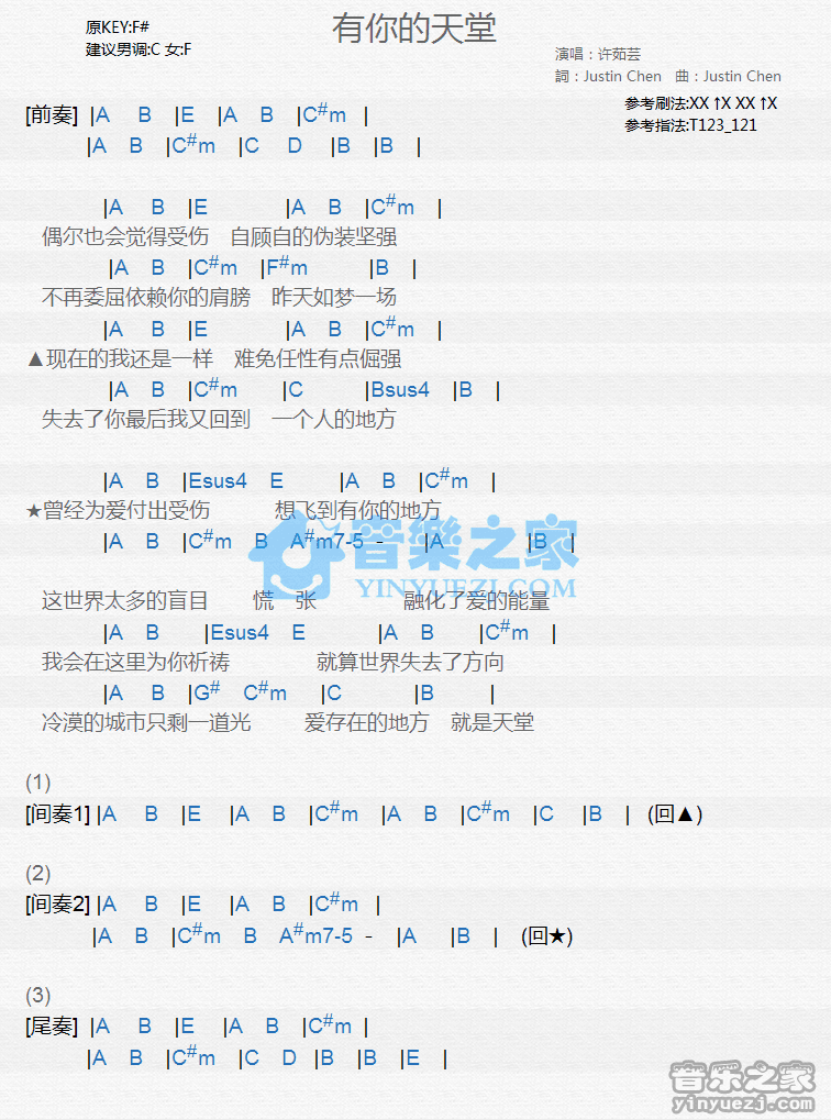 许茹芸《有你的天堂》尤克里里弹唱谱