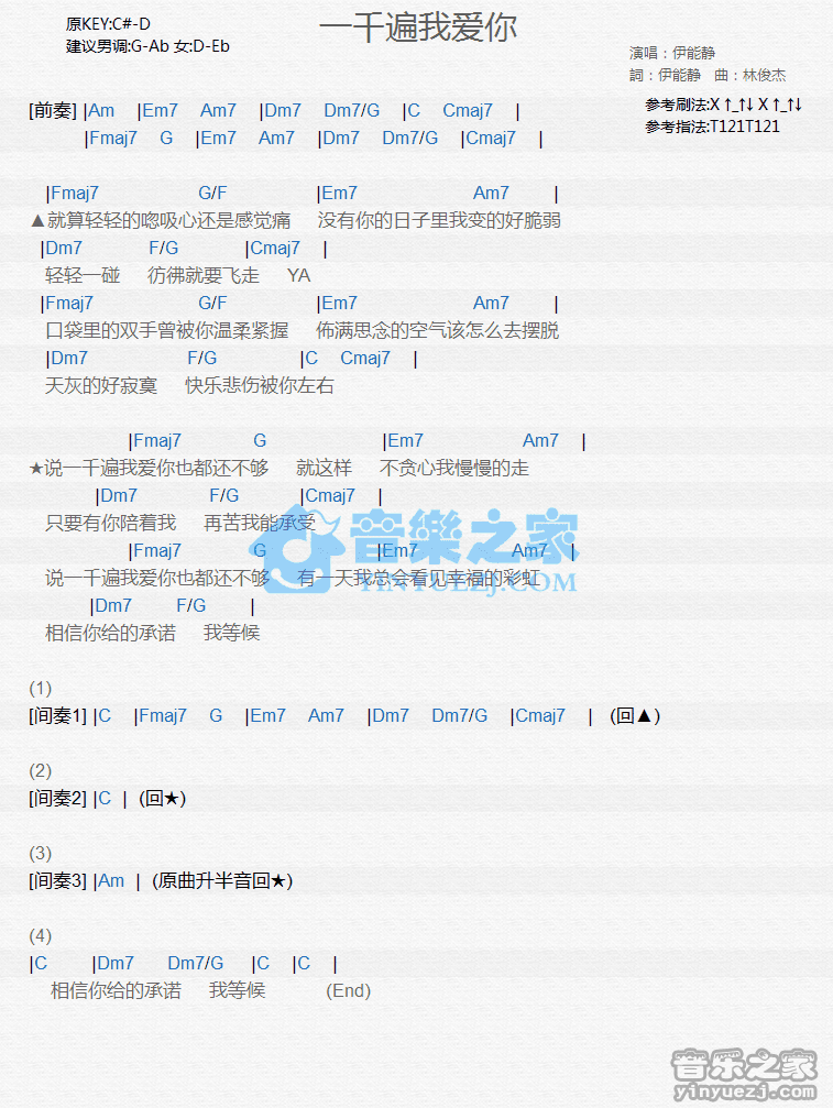 伊能静《一千遍我爱你》尤克里里弹唱谱