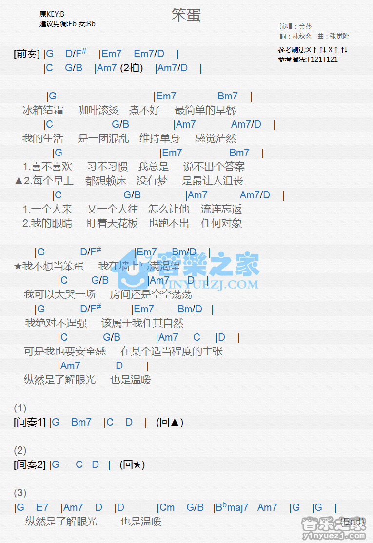 金莎《笨蛋》尤克里里弹唱谱