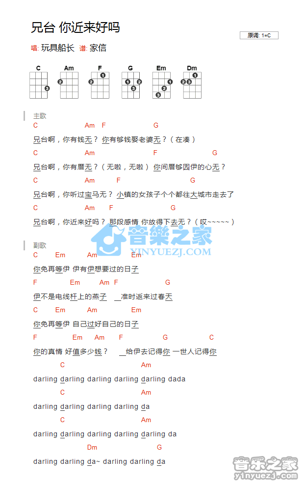 玩具船长《兄台你近来好吗》尤克里里弹唱谱