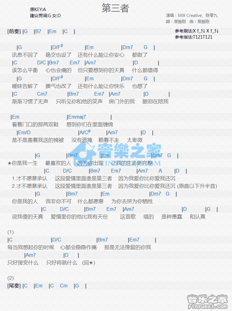 MiX Creative/陈零九《第三者》尤克里里弹唱谱