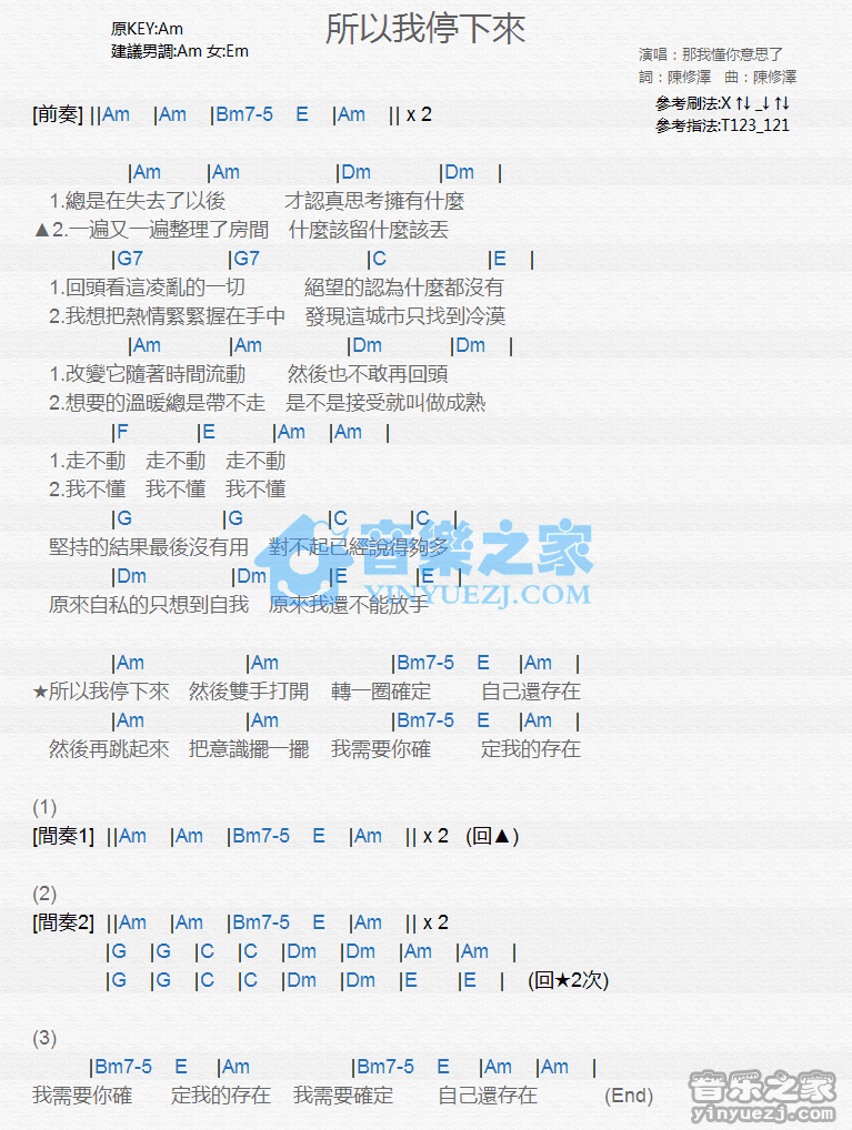 那我懂你意思了《所以我停下来》尤克里里弹唱谱