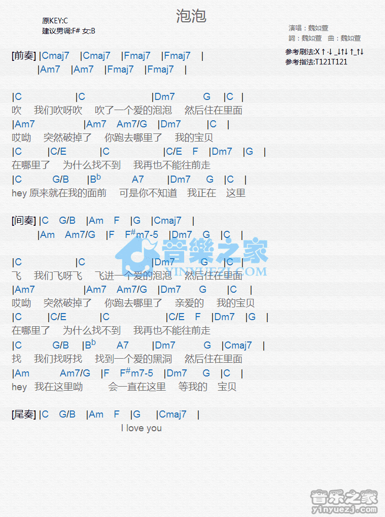 魏如萱《泡泡》尤克里里弹唱谱