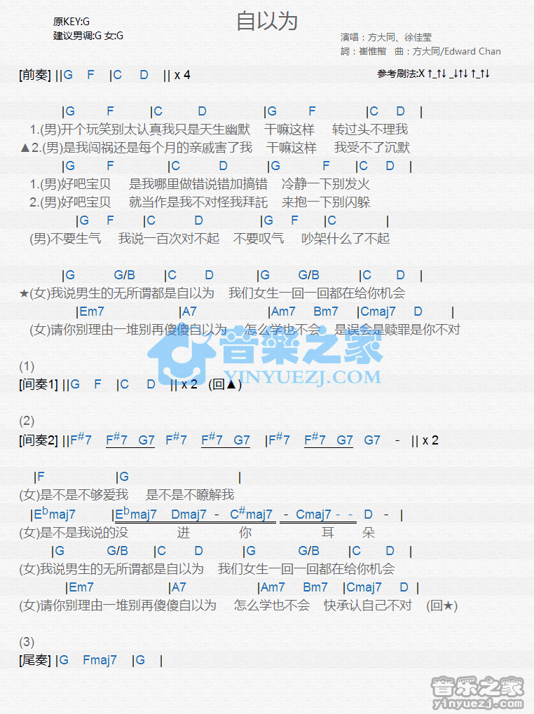 方大同/徐佳莹《自以为》尤克里里弹唱谱