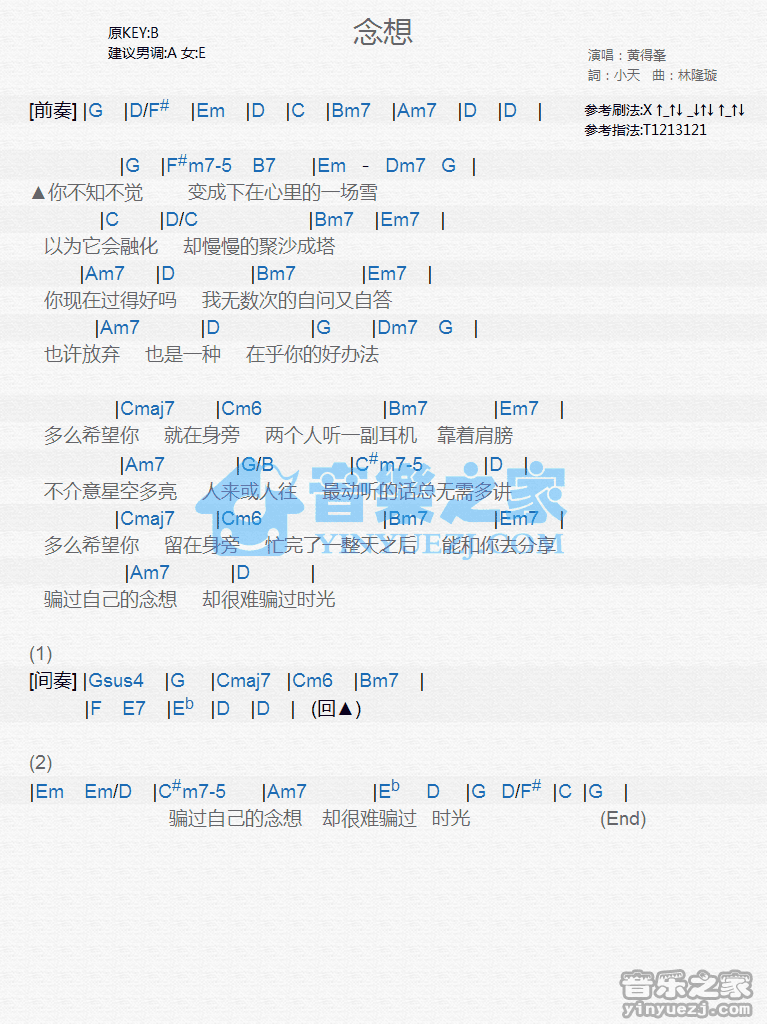 黄得峯《念想》尤克里里弹唱谱