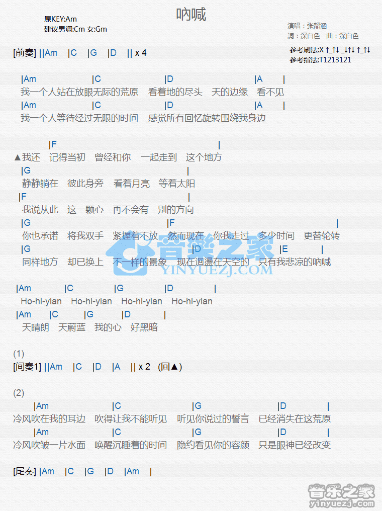 张韶涵《呐喊》尤克里里弹唱谱