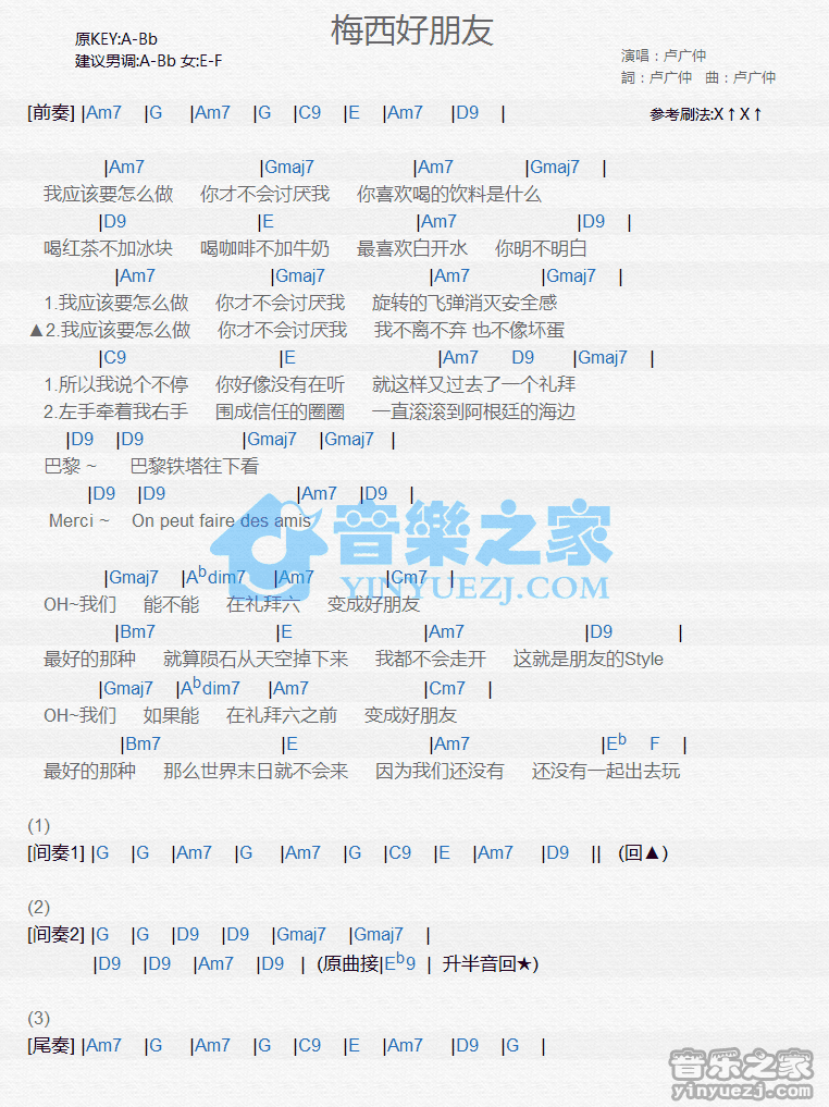 卢广仲《梅西好朋友》尤克里里弹唱谱