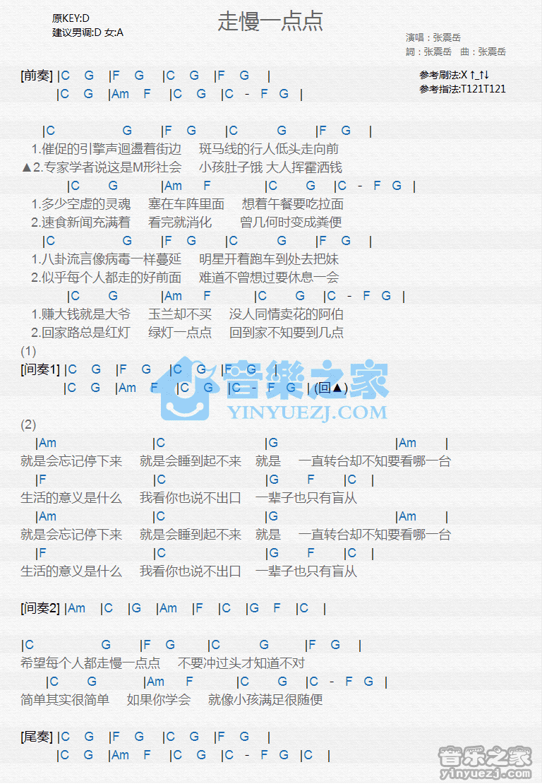 张震岳《走慢一点点》尤克里里弹唱谱