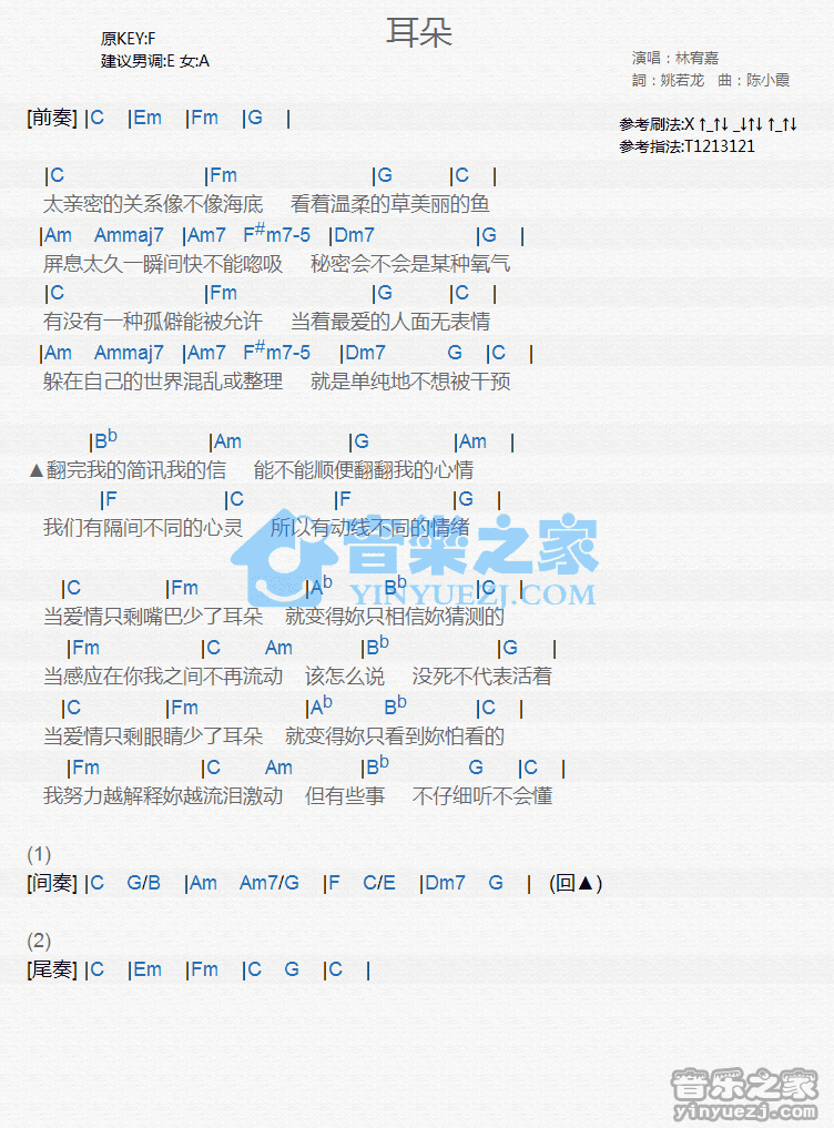 林宥嘉《耳朵》尤克里里弹唱谱