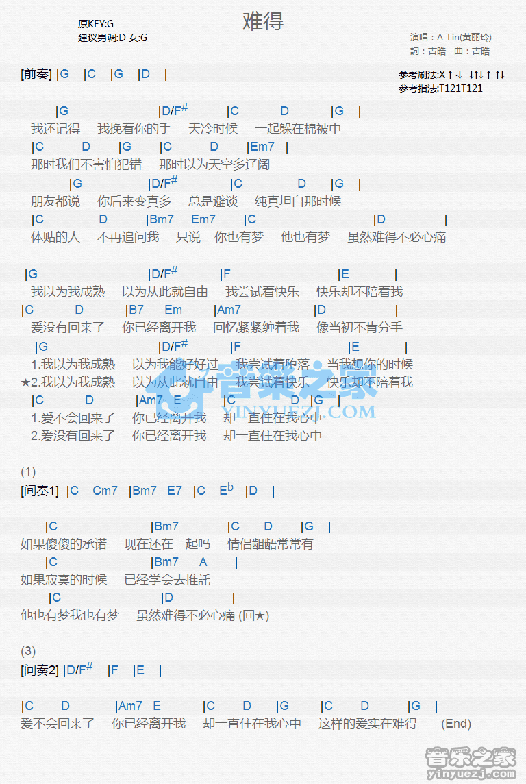 A-Lin《难得》尤克里里弹唱谱