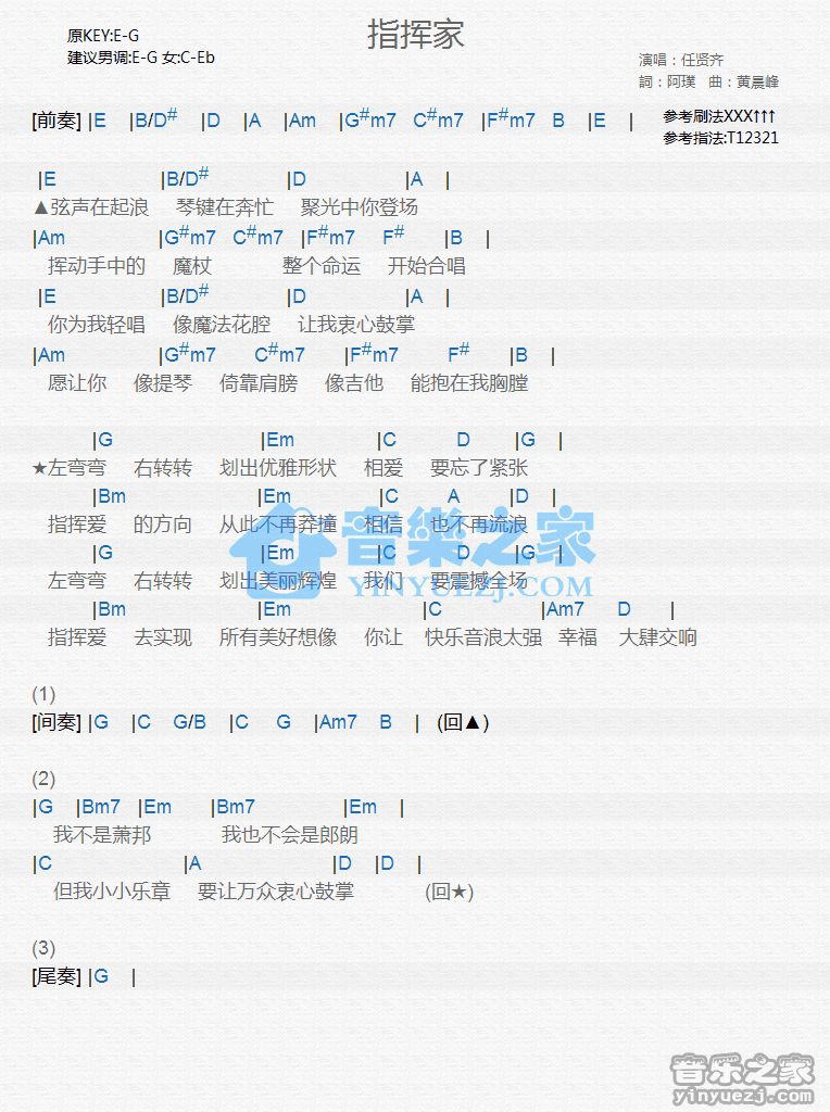 任贤齐《指挥家》尤克里里弹唱谱