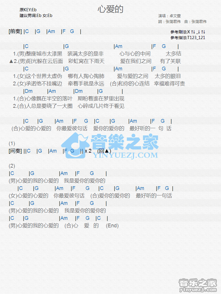 卓文萱《心爱的》尤克里里弹唱谱
