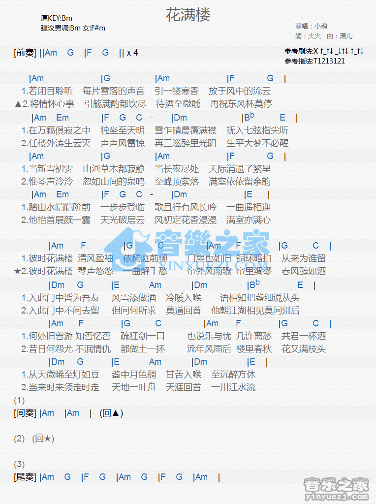小魂《花满楼》尤克里里弹唱谱