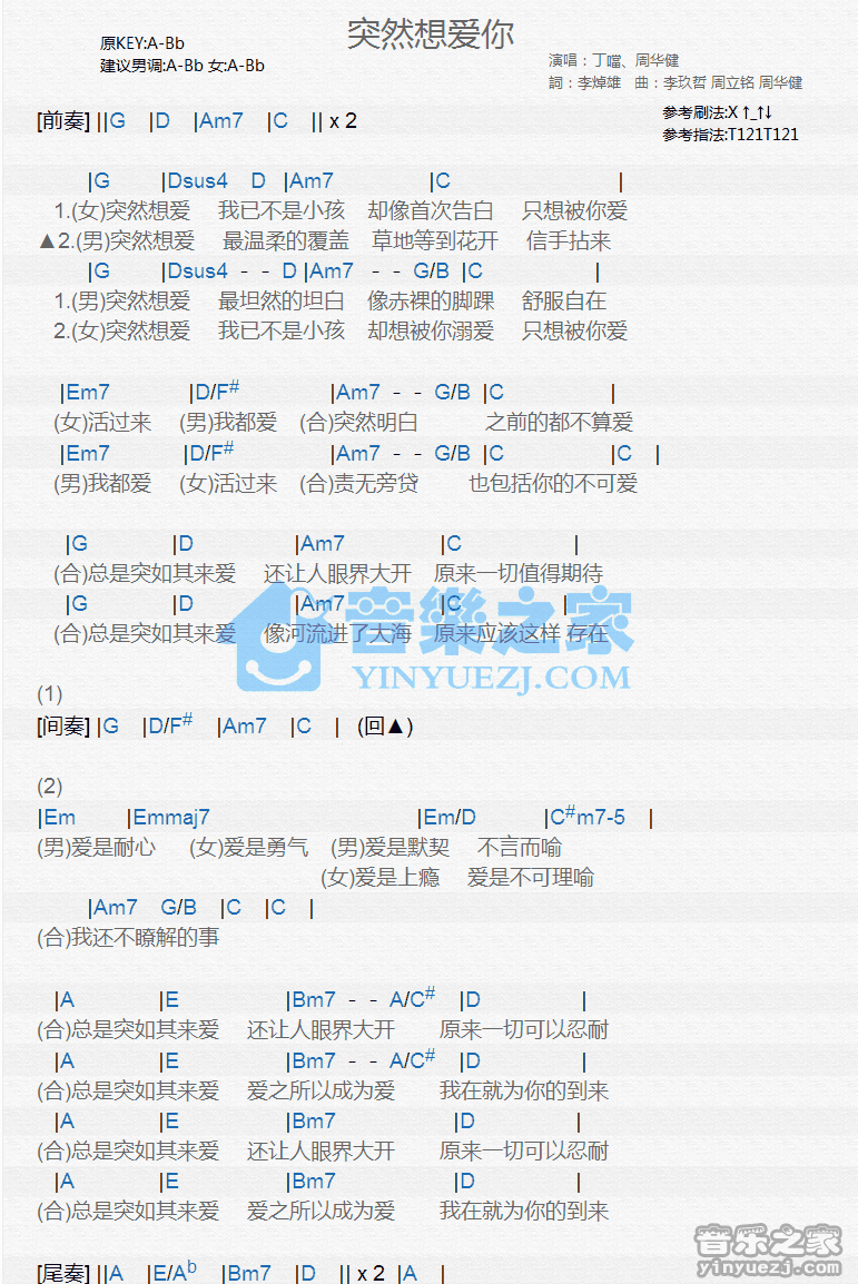 丁当/周华健《突然想爱你》尤克里里弹唱谱